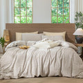 MooMee Gingham Duvet Cover Set 100% Washed Cotton Linen Like Textured Breathable Durable Soft Comfy Modern Checkered Design (Tannish Linen Grey Gingham, Super Queen 90"x98")