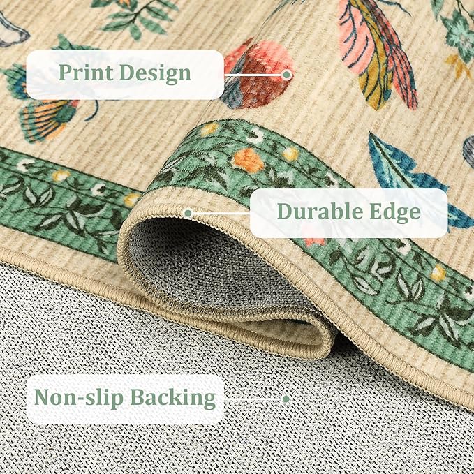 Mushroom Insect 2x6 Runner Rug for Hallway Washable Kitchen Rugs Non Slip with Rubber Back Khaki Green Low-Pile Stain Resistant Indoor Carpet for Entryway Bathroom Laundry Dorm
