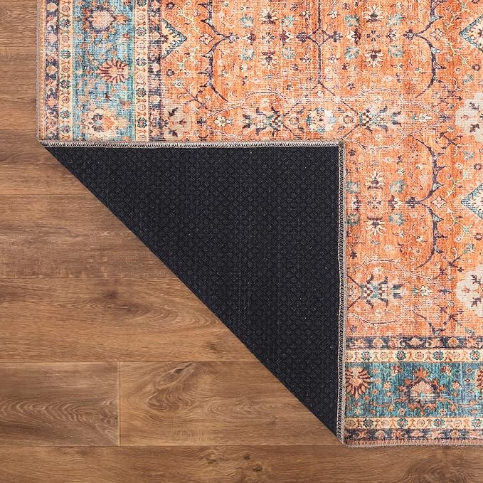Bloom Rugs Washable Non-Slip 3' x 5' Rug - Orange/Teal Blue Traditional Bordered Area Rug for Living Room, Bedroom, Dining Room, and Kitchen - Exact Size: 3' x 5'