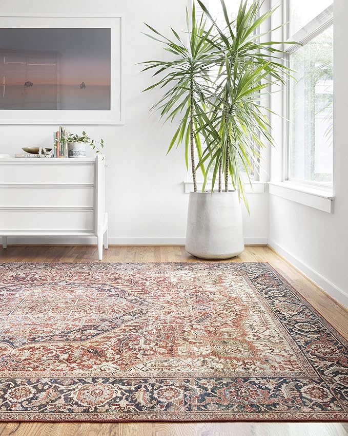 Loloi Layla Collection LAY-08 Red/Navy 2'-0" x 5'-0" .13" Thick Accent Rug, Soft, Durable, Vintage Inspired, Distressed, Low Pile, Non-Shedding, Easy Clean, Printed, Living Room Rug