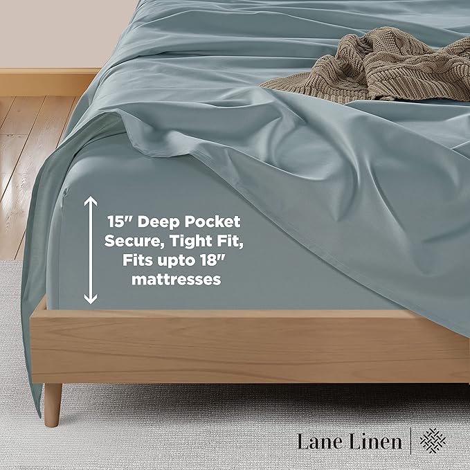 LANE LINEN King Bed Sheets – 600 Thread Count Long-Staple 100% Cotton King Size Bed Sheets, Hotel Luxury Soft Silky Sateen Weave, Durable for Daily Use, Fully Elasticized 15" Deep Pocket – Blue