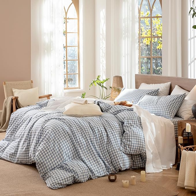 MooMee Gingham Duvet Cover Set 100% Washed Cotton Linen Like Textured Breathable Durable Soft Comfy Modern Checkered Design (Classic Gingham Cornflower Blue, Twin 68"x90")