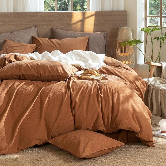MooMee Wavy Striped Duvet Cover Set 100% Washed Cotton Linen Like Textured Breathable Durable Soft Comfy (Dark Orange, Oversized Queen 98"x98")