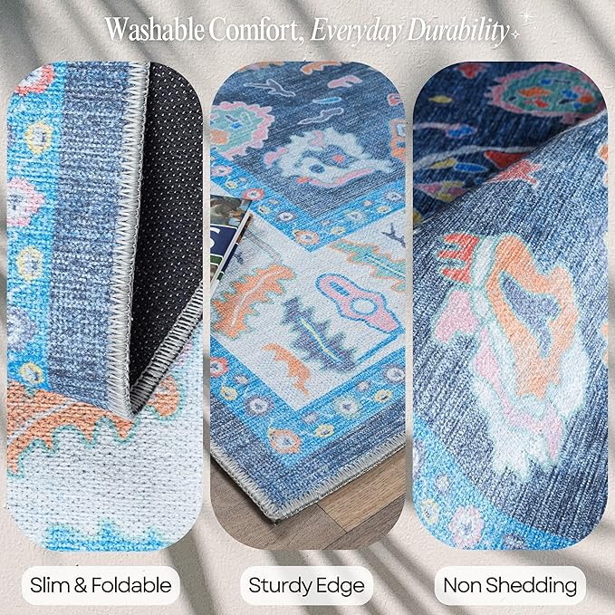 Fame Rugs Blue Modern Oushak Rug 2'6"x10, Vintage Turkish Colorful Oriental Antique Inspired Foldable Long Washable Runner Rugs, Luxury Living Room Bedroom (387BNB, 2'6" x 10')