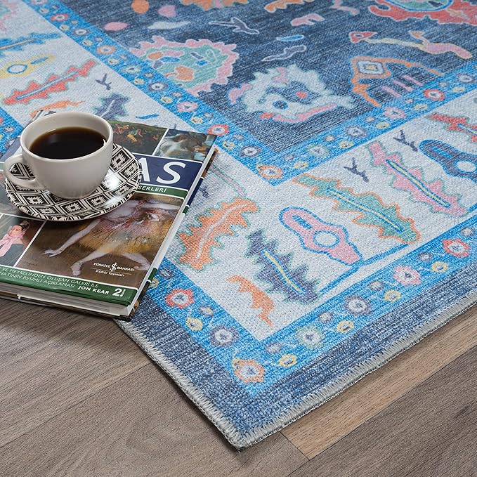 Fame Rugs Blue Modern Oushak Rug 2'6"x10, Vintage Turkish Colorful Oriental Antique Inspired Foldable Long Washable Runner Rugs, Luxury Living Room Bedroom (387BNB, 2'6" x 10')