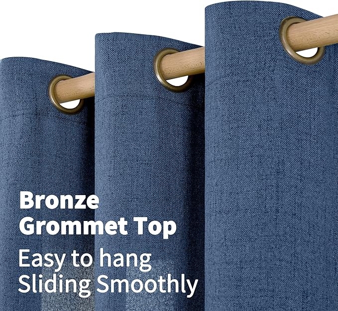 YoungsTex Navy Blue Linen Curtains 45 Inch Length, Short Light Filtering Semi Sheer Drapes with Bronze Grommet Privacy for Bathroom Living Room Windows, 42 x 45 Inch, 2 Panels