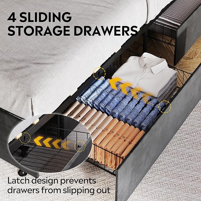 WLIVE King Size Upholstered Bed Frame with 4 Storage Drawers and Headboard, Velvet Platform Bedframe, Sturdy Metal & Wooden Slats Support, No Box Spring Needed, Easy Assembly, Black