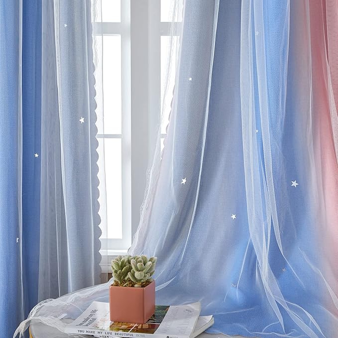 XiDi Dream Star Blackout Curtains for Kids Rooms Girl Princess Curtain for Daughter Bedroom Window (Pink Grey Blue, W34 X L63)