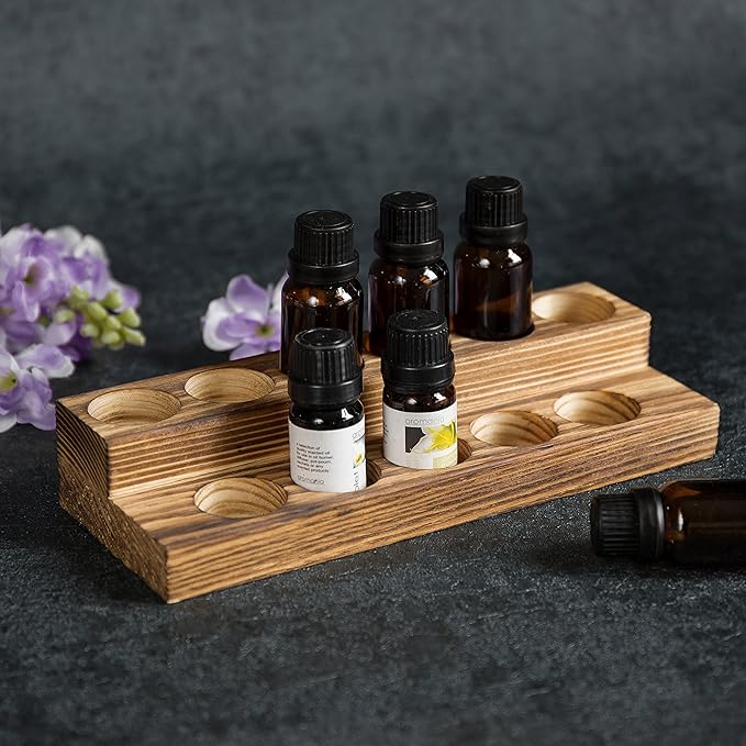 MyGift 8.5 Inch Rustic Burnt Solid Wood Essential Oil Holder Stand with 2 Tier Display, Vanity Tabletop Cosmetic Storage Organizer Rack, Holds 11 (20ml) Bottles