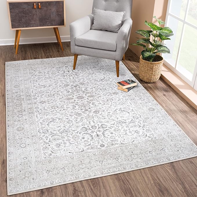 Bloom Rugs Washable Non-Slip 5' x 7' Rug - Beige/Off White Traditional Bordered Area Rug for Living Room, Bedroom, Dining Room, and Kitchen - Exact Size: 5' x 7'