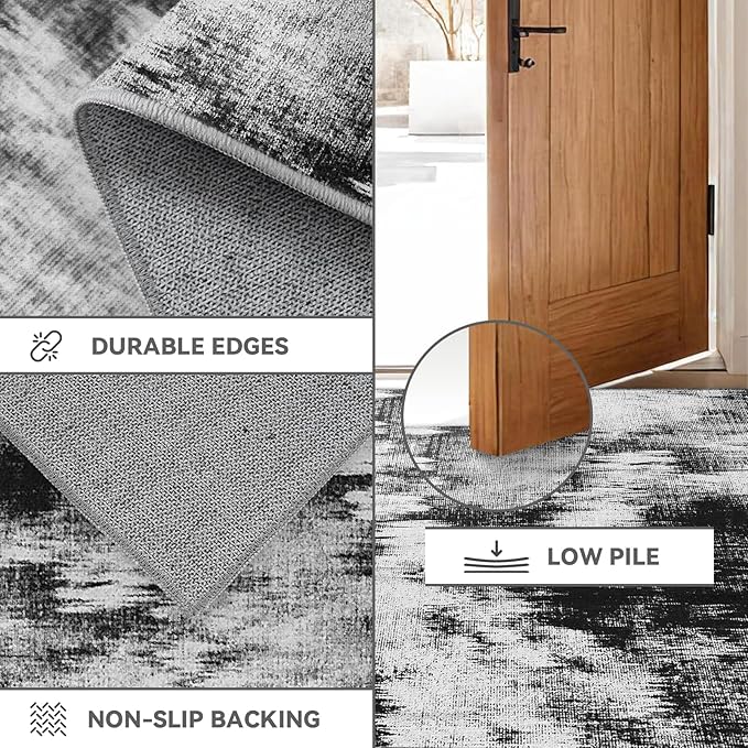 3x12 Long Hallway Runner Rug: Kitchen Rugs Non Slip Washable Low Pile Abstract Rug Runner with Rubber Backing Indoor Carpet Runners for Bedroom Dining Living Room Bathroom Black White