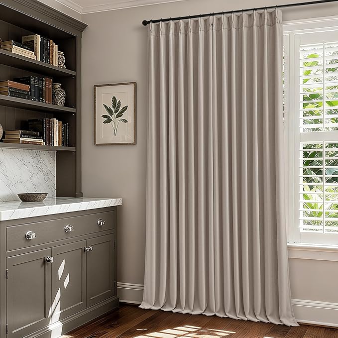 Pleated Linen Blackout Curtains 112 Inches Long for Living Room Pinch Pleat for Track System Custom Made Memory Shape Drape 100% Black Out Light Blocking Bedroom Window Curtain Greige Burlywood Birch