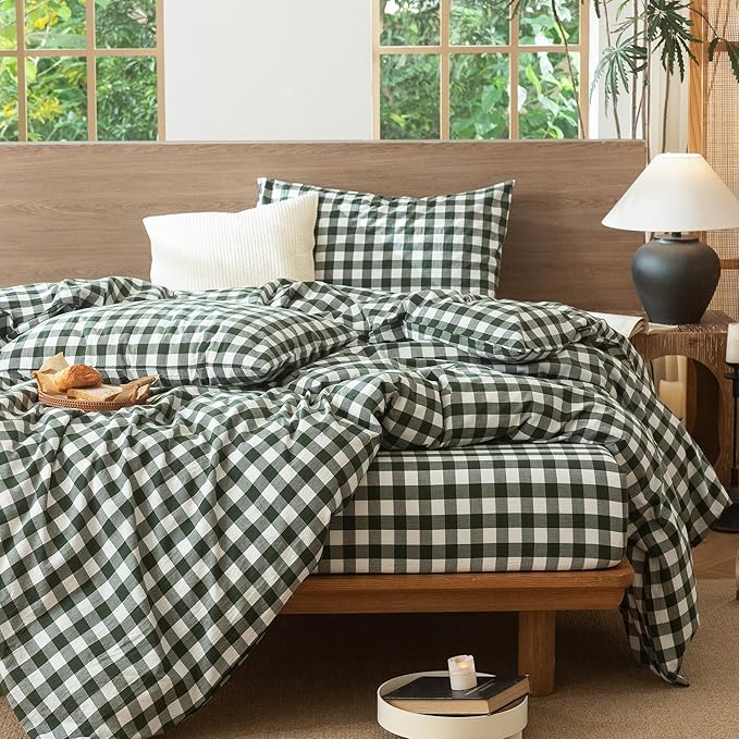 MooMee Gingham Duvet Cover Set 100% Washed Cotton Linen Like Textured Breathable Durable Soft Comfy Modern Checkered Design (Buffalo Plaid Forest Green, King 104"x90")