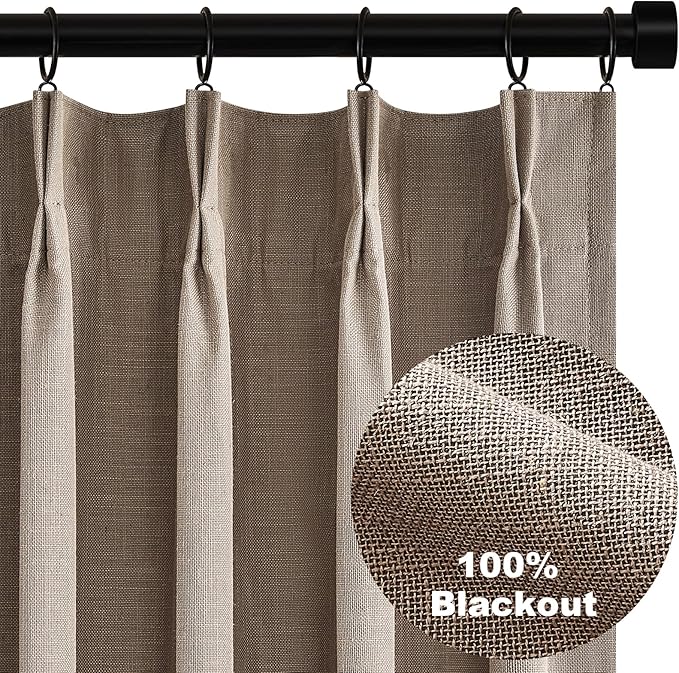Topfinel Greige 90 Inches Long Blackout Natural Linen Curtains for Bedroom, Chocolate Brown Pinch Pleat Sound Blocking Curtains, Neutral Farmhouse Lined Drapes 2 Panels for Living Room Sliding Door