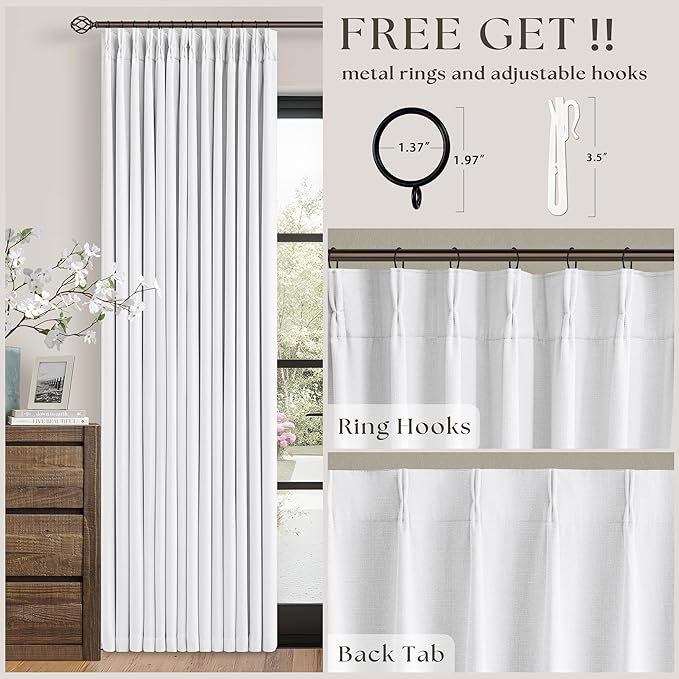 White Blackout Pinch Pleated Linen Curtains 105 Inches Long for Living Room 2 Panels Thermal Insulted Dual Layer Drapes Ceiling Floor Back Tab 105 Inch Window Curtains Bedroom Sliding Glass Door