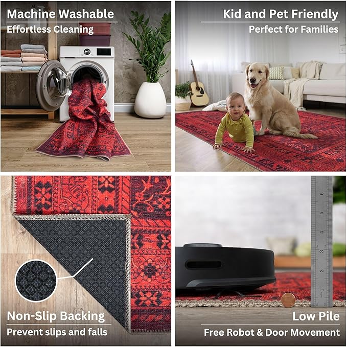 Bloom Rugs Washable Non-Slip 12 ft Runner - Red Traditional Bordered Runner for Entryway, Hallway, Bathroom, and Kitchen - Exact Size: 2.5' x 12'