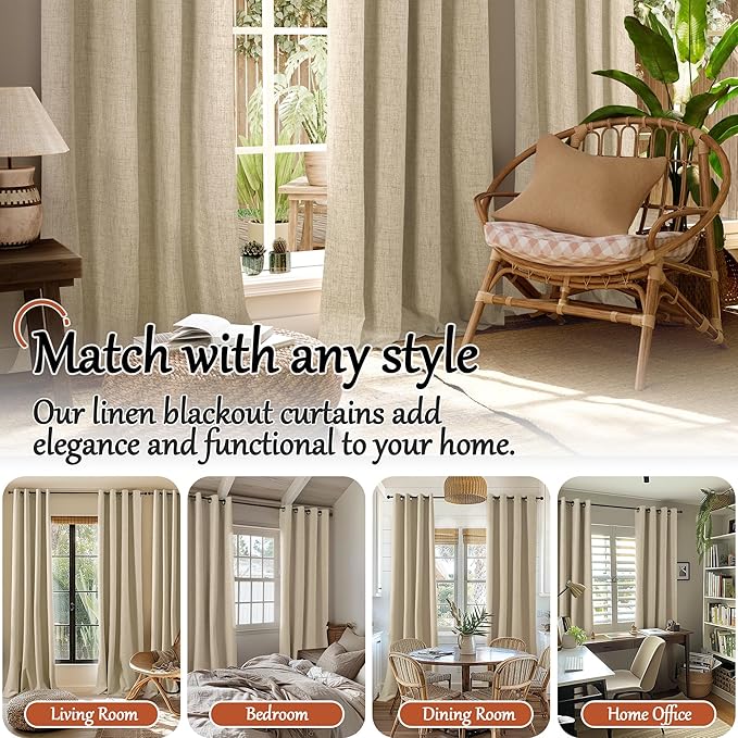 Linen Blackout Curtains for Living Room Narrow Window, Thermal Insulated Complete Light Blocking Soundproof Small Curtains for Bedroom, Each 38 Inch Wide 80 Inch Length 2 Panels, Burlap
