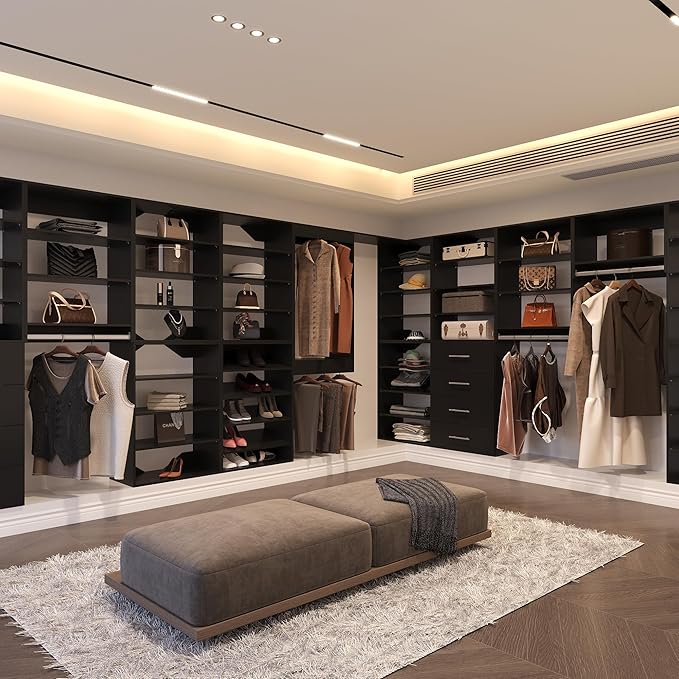 Double Hanging Closet Unit, Modular Closet System, Wood Closet System Organizer with Storage for Walk In Closets, Clothing Rack Wardrobe Closet for Hanging Clothes, Bedroom, Black, 28.5"W