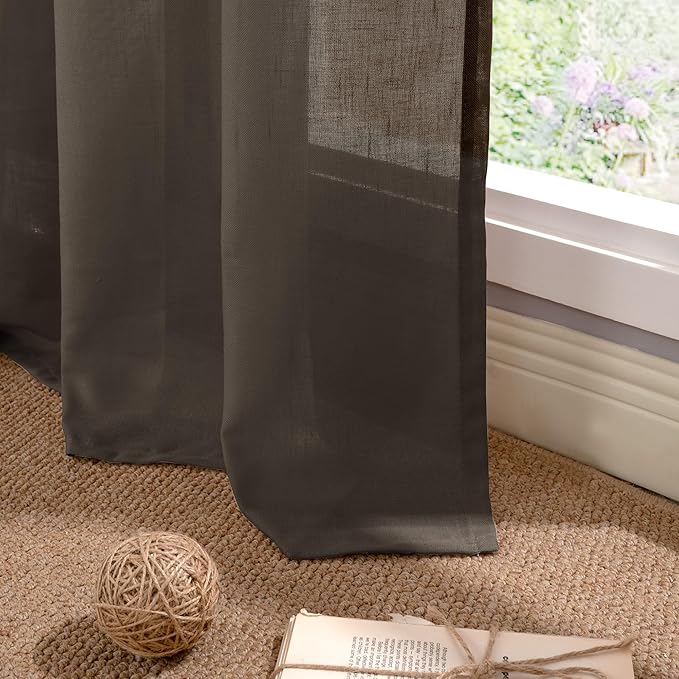 YoungsTex Brown Linen Semi Sheer Curtains 48 Inches Length, Light Filtering Small Window Drapes Privacy with Grommet for Living Room Bedroom, 2 Panels, 42 X 48 Inch