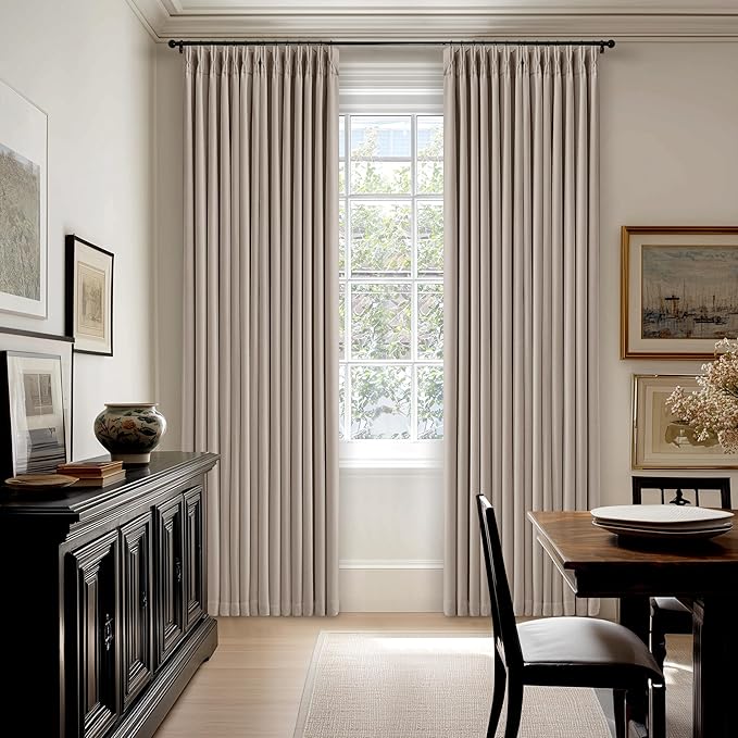 Dark Flax Linen Pinch Pleated 100% Blackout Curtains 90 Inch Length 2 Panels Set Burlywood Birch Tan Brown Pinch Pleat Curtains Black Out Blocking Room Darkening Drapes for Bedroom Living Room Window