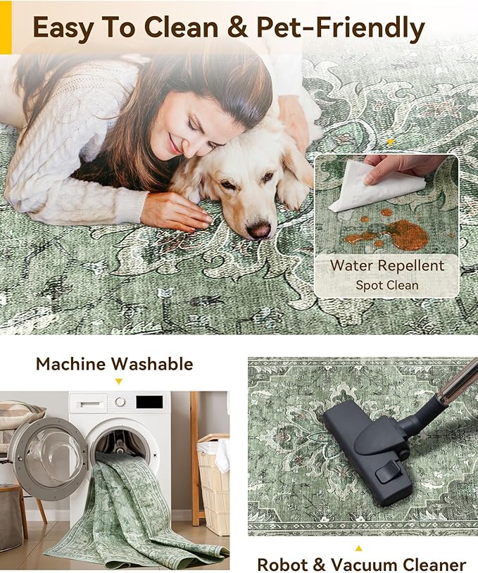 Area Rugs 7ft Washable Non-Slip, Floral Vintage Distress Print Pattern Medallion Carpet for Living Room Bedroom Dining Room, Dark Green Gray