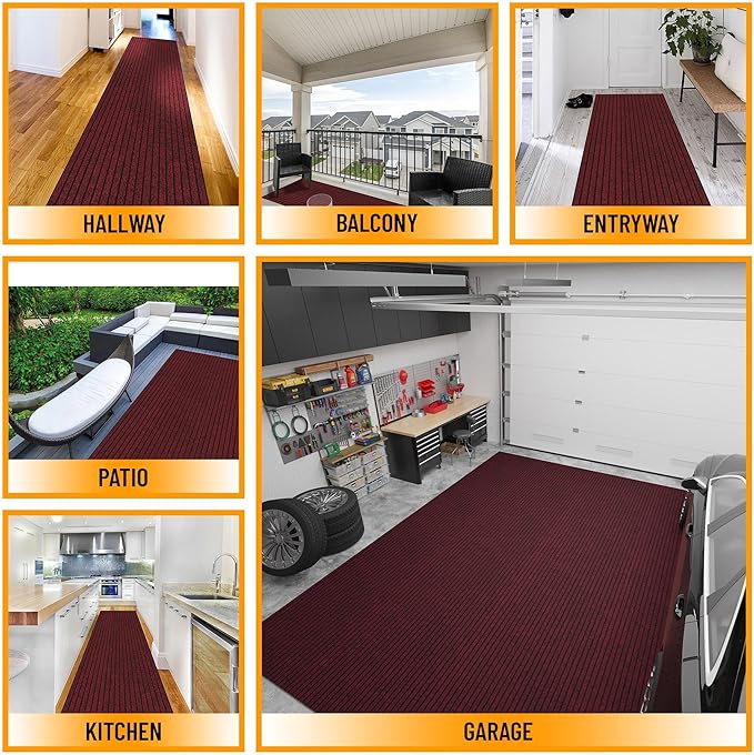 Ottomanson 2' x 14' Hallway Runner with Scraper Pile - Extra Durable Non-Slip Rug Mat for Indoor & Outdoor Use - Ideal for Kitchen, Entryway, Patio & Garage - High-Traffic Carpet, Red