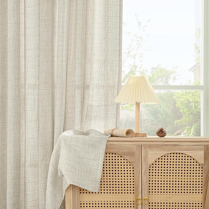YoungsTex Short Linen Semi Sheer Curtains 45 Inch Length 2 Panels, Light Filtering Textured Window Drapes with Bronze Grommet for Kitchen Living Room Windows, 42 x 45 Inch
