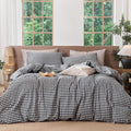 MooMee Gingham Duvet Cover Set 100% Washed Cotton Linen Like Textured Breathable Durable Soft Comfy Modern Checkered Design (Black White Gingham, Full 80"x90")