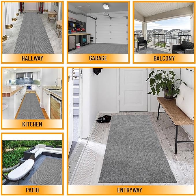 Ottomanson 2'7" x 32' Hallway Runner with Scraper Pile - Extra Durable Non-Slip Rug Mat for Indoor & Outdoor Use - Ideal for Kitchen, Entryway & Garage - High-Traffic Carpet, Gray