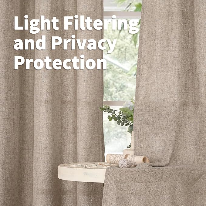 YoungsTex Oatmeal Short Linen Curtains 45 Inch Length for Kitchen Bathroom Window, Burlap Semi Sheer Drapes with Bronze Grommet Light Filtering for Cafe Bedroom, 52 x 45 Inch, 2 Panels