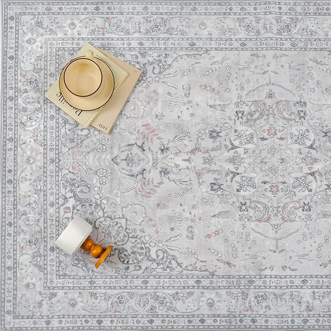 Grey 6x9 Area Rug Washable Vintage Carpet for Living Room Bedroom Large Soft Retro Floral Low Pile Thin Indoor Rug Non Slip Central Medallion Floor Cover for Dining Room Office