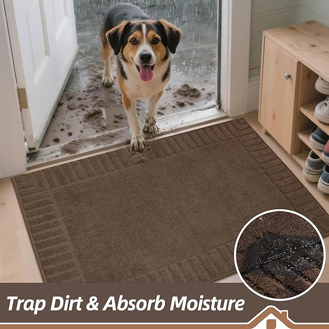 BEQHAUSE Door-Mat-Non-Slip Front Door Mat Washable Low-Profile Entrance Rugs for Front Door Entry Dirt Trapper Door Mats Absorbent Welcome Mats,20"x32",Brown