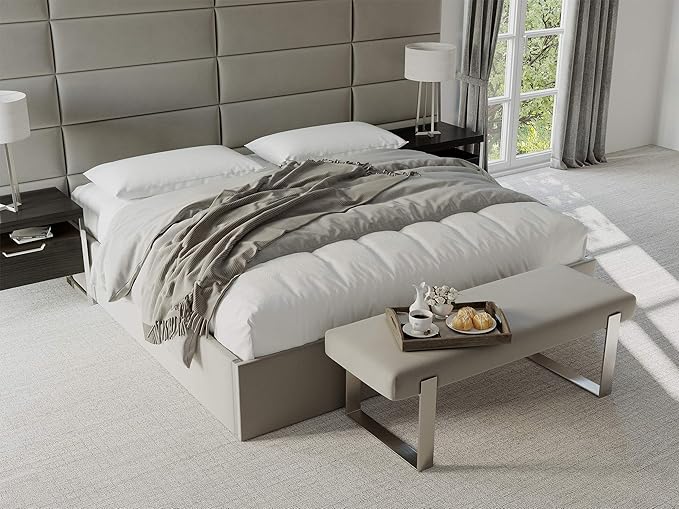 VANT Upholstered Bed Bench - Velvet Platinum Grey - Brushed Nickel - Contemporary Modern, Bedroom Bench Seat, Hallway, or Entryway