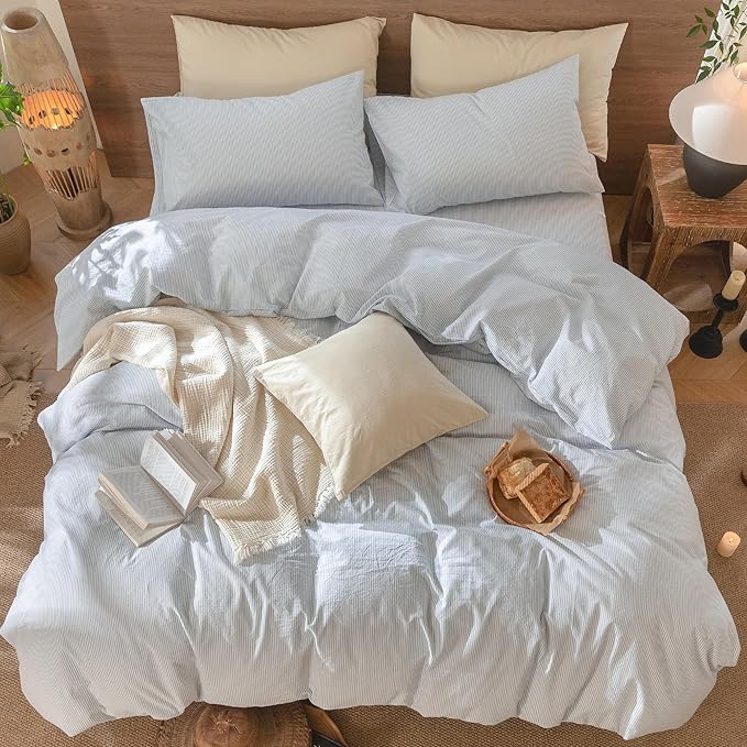 MooMee Striped Duvet Cover Set 100% Washed Cotton Linen Like Textured Breathable Durable Soft Comfy (Cornflower Blue White Pinstripes, Alaska King 132"x120")