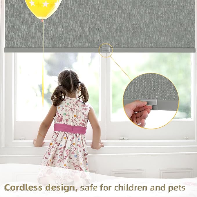 ChrisDowa Cordless Blackout Roller Shades for Windows, Striped Free-Stop Window Blinds with Privacy, Thermal Insulated Window Shades for Home, Office and Door. Grey, 36" W x 72" H