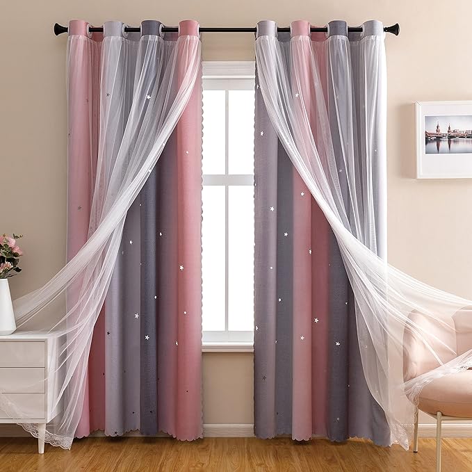 XiDi Pink and Grey Star Blackout Curtains for Kids Rooms Girl Princess Curtain for Daughter Bedroom Window (Pink Grey, W52 X L63)