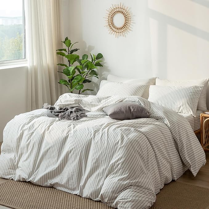 MooMee Striped Duvet Cover Set 100% Washed Cotton Linen Like Textured Breathable Durable Soft Comfy (White Dark Grey Wide Stripes, Super Queen 90"x98")