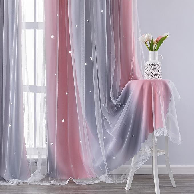 XiDi Curtains for Bedroom Decor, Rainbow GreyPinkPu-52-45
