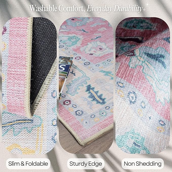 Fame Rugs Pink Modern Oushak Rug 2'6"x10, Vintage Turkish Colorful Oriental Antique Inspired Foldable Long Washable Runner Rugs, Luxury Living Room Bedroom (385PB, 2'6" x 10')