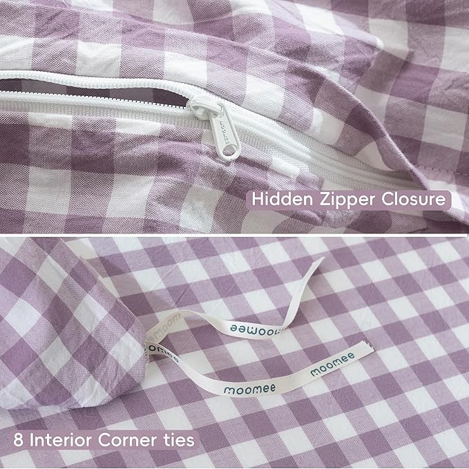 MooMee Gingham Duvet Cover Set 100% Washed Cotton Linen Like Textured Breathable Durable Soft Comfy Modern Checkered Design (Classic Gingham Light Purple, Full 80"x90")