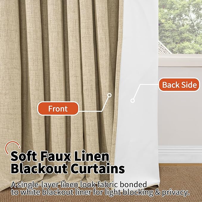 Linen Blackout Curtains for Bedroom Narrow Window, Thermal Insulated Complete Light Blocking Privacy Soundproof Small Curtains for Basement, Each 38 Inch Wide 63 Inch Length 2 Panels, Burlap