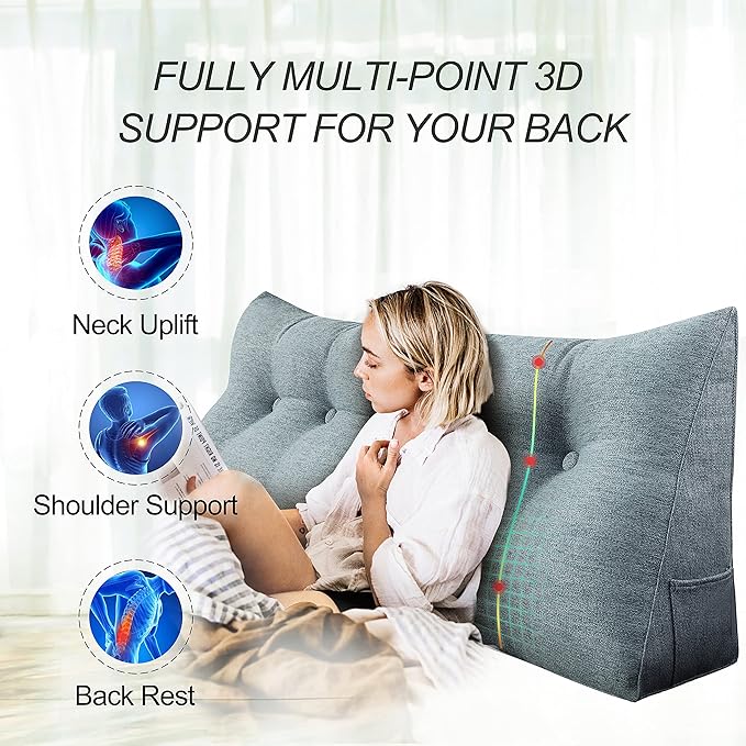 homecozy Wedge Headboard Pillow Dorm Room Reading Pillow Back Support for Sitting Up in Bed Bolster Lumbar Cushion Body Positioning Bedrest Cotton Linen 54in Gray Full