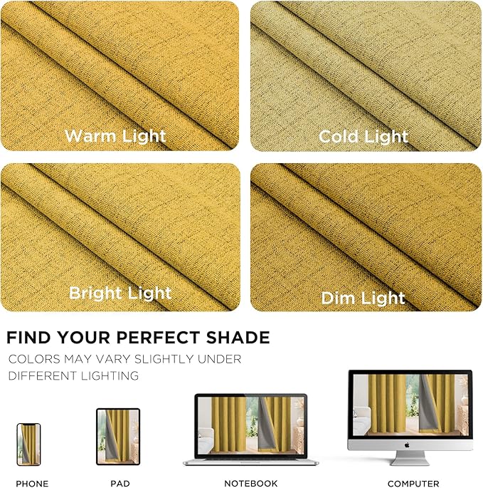 Joydeco Linen Blackout Curtains for Bedroom - 100% Light Blocking 1 Panels, Yellow Drapes 70" W x 96" L, Thermal Insulated Room Darkening Curtains for Living Room, Rod Pocket & Back Tabs