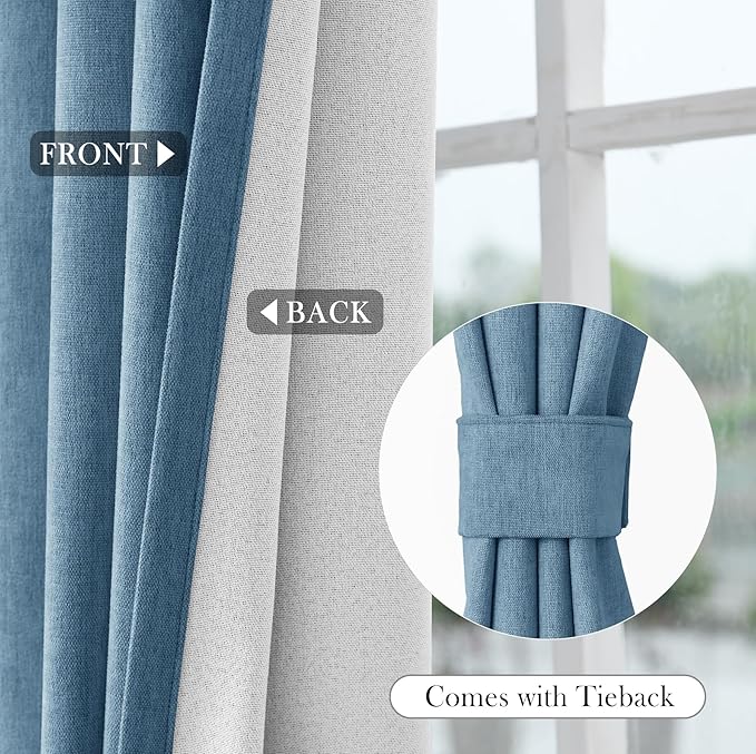 Macochico 100% Blackout Chenille Curtains 96 Inches Long for Hotel Nursery Noise Reducing Thermal Curtains for Bedroom Living Room Grommet Ashtray Blue Curtains with Tieback 52"Wx96"L Classic 1 Panel