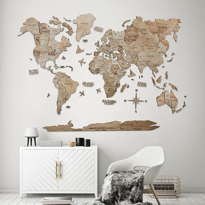 Handmade 3D Wood World Map Wall Art Large Wall Decor Track Your World Travels - Special for Home, Kitchen and Office (Large, Terra)
