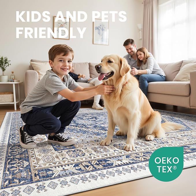 zesthome 10x14 Area Rugs,Stain Resistant Washable Rug,Ultra-Thin Rugs for Living Room,Bedroom,Non-Slip Backing Home Decor Large Area Rug (Blue/Beige,10'x14')