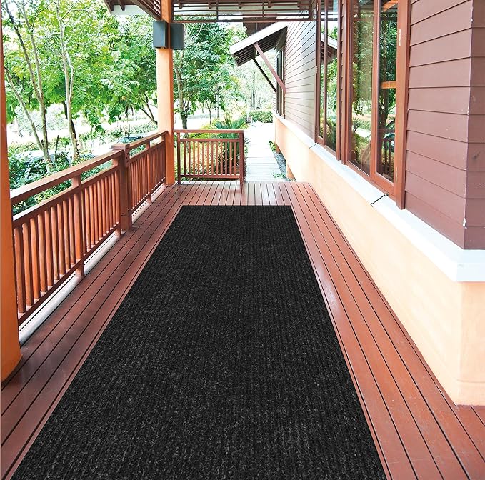 Ottomanson 2' x 47' Hallway Runner with Scraper Pile Extra Durable Non-Slip Rug Mat for Indoor & Outdoor Use - Ideal for Kitchen, Entryway, Patio & Garage - High-Traffic Carpet, Black