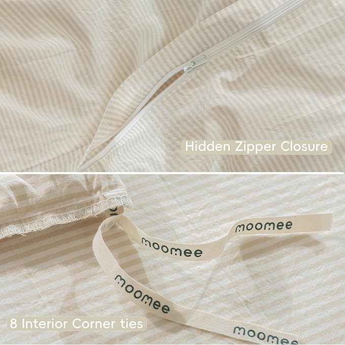 MooMee Striped Duvet Cover Set 100% Washed Cotton Linen Like Textured Breathable Durable Soft Comfy (Almond Milk Grey Pinstripes, Full 80"x90")