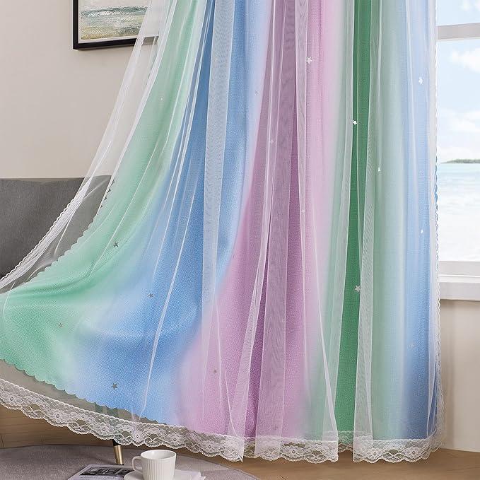 XiDi Curtains for Bedroom Decor, Rainbow Green PurpleBlue52/96/1
