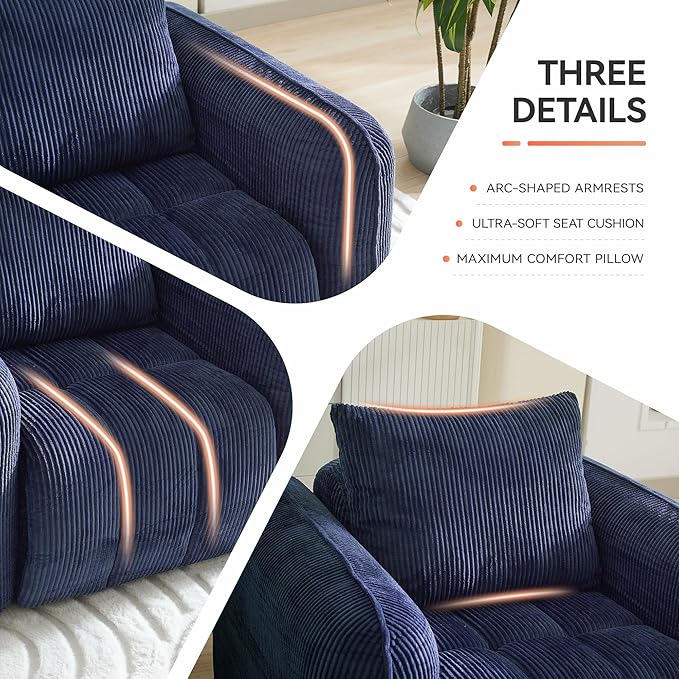 Corduroy Boneless Living Room Sets, Modern Upholstered Loveseat with 2 Signle Sofa Chairs, Comfy Deep Seat Cloud Sofa Couch Sets for Living Room, Navy